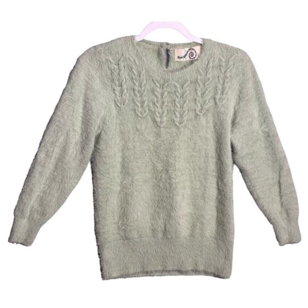 Rosie Neira Anthropologie XS Aubade Fuzzy Eyelash Pullover Sweater Mint‎ cable
